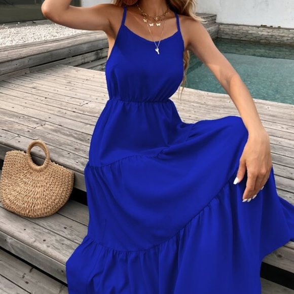 COUNTRY DOLLZ Blue maxi Dress crisscross back - Picture 4 of 7